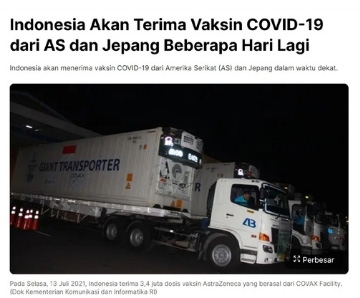 Indonesia Akan Terima Vaksin COVID-19 dari AS dan Jepang Beberapa Hari Lagi