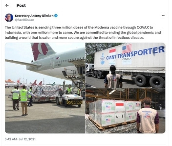 The United States is sending three million doses of the Moderna vaccine through COVAX to Indonesia, with one million more to come