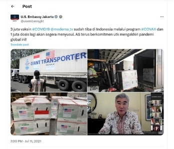3 juta vaksin #COVID19 @moderna_tx sudah tiba di Indonesia melalui program #COVAX dan 1 juta dosis lagi akan segera menyusul.